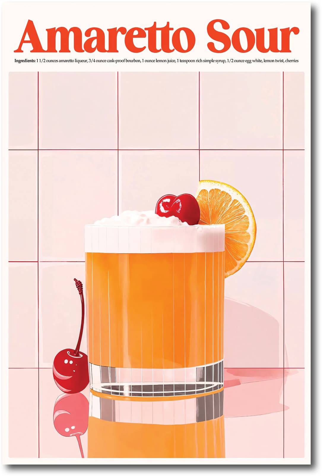 Amaretto Sour Poster Drink Recipe Print, Retro Kitchen Wall Art with Cherry and Orange product photo 1