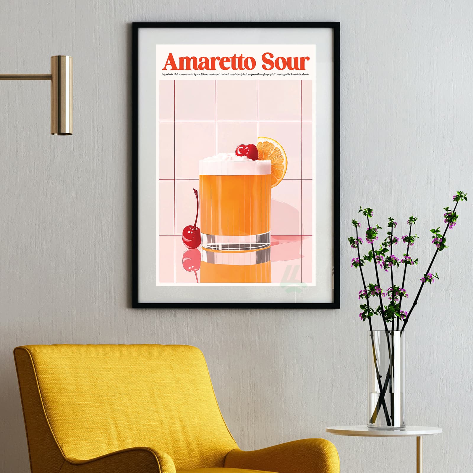 Amaretto Sour Poster Drink Recipe Print, Retro Kitchen Wall Art with Cherry and Orange product photo 2