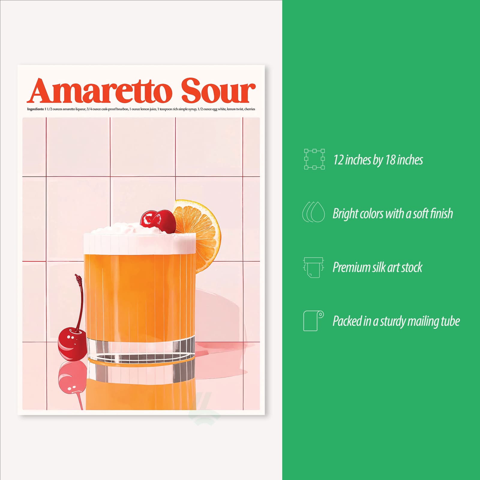 Amaretto Sour Poster Drink Recipe Print, Retro Kitchen Wall Art with Cherry and Orange product photo 3