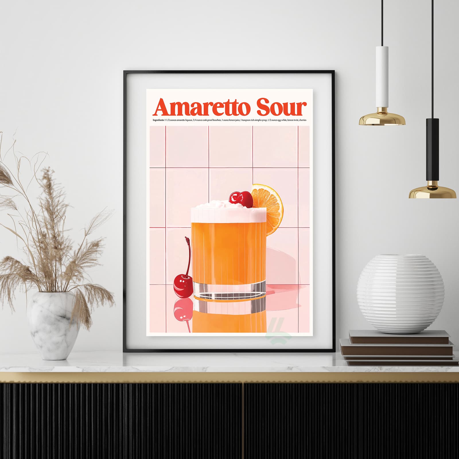 Amaretto Sour Poster Drink Recipe Print, Retro Kitchen Wall Art with Cherry and Orange product photo 4