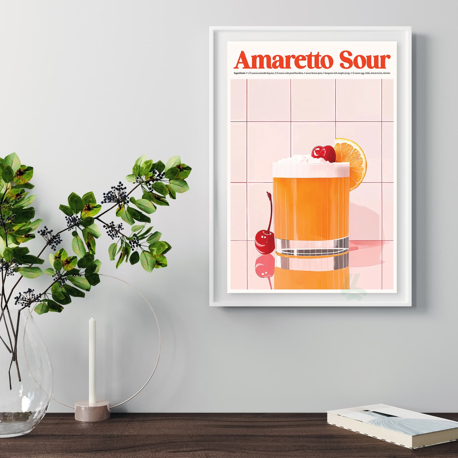 Amaretto Sour Poster Drink Recipe Print, Retro Kitchen Wall Art with Cherry and Orange product photo 5