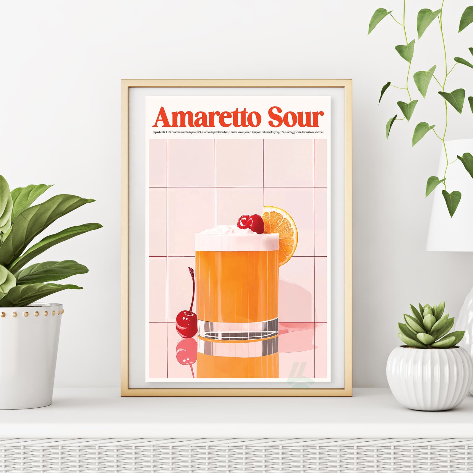 Amaretto Sour Poster Drink Recipe Print, Retro Kitchen Wall Art with Cherry and Orange product photo 6