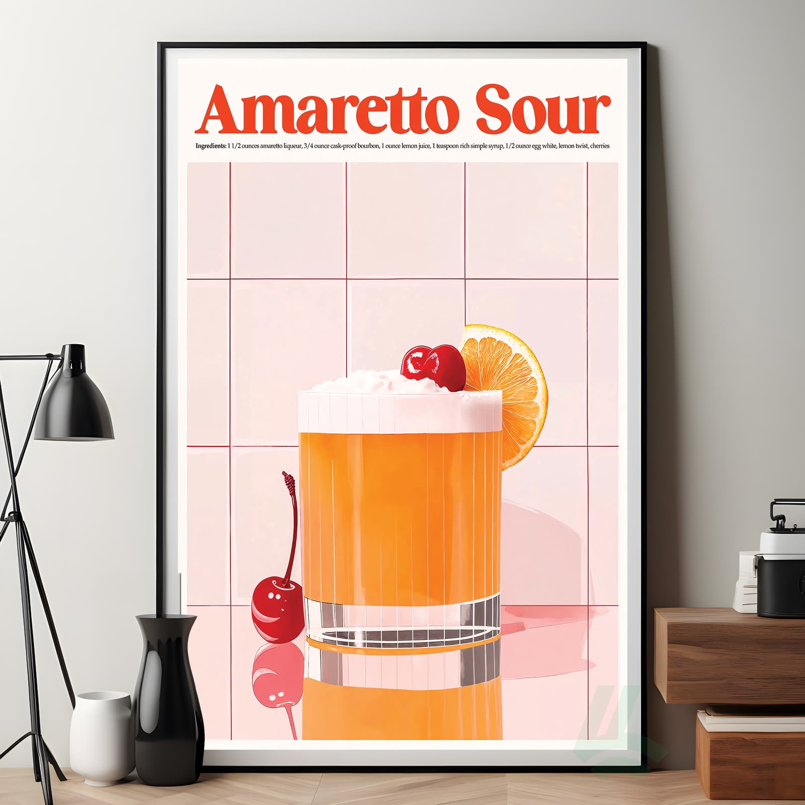 Amaretto Sour Poster Drink Recipe Print, Retro Kitchen Wall Art with Cherry and Orange product photo 7