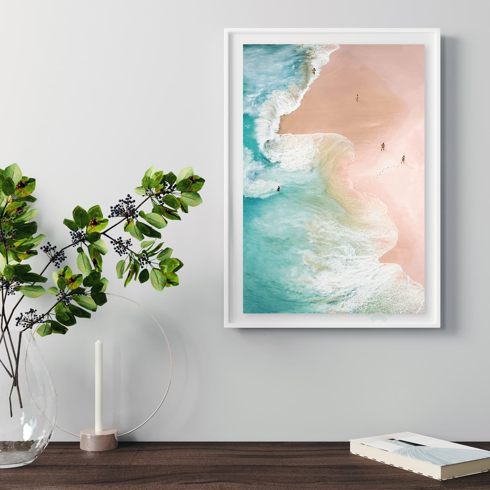 Beach Poster with Pink Sand and Turquoise Ocean Waves, Aerial Coastal Wall Art Print product photo 5