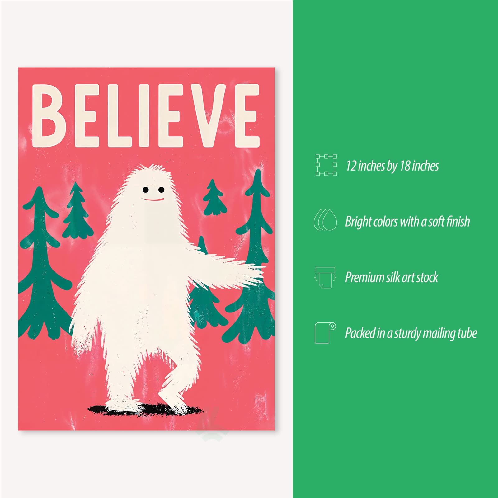 Believe Yeti Poster, Cute Bigfoot Wall Art for Kids Room product photo 3