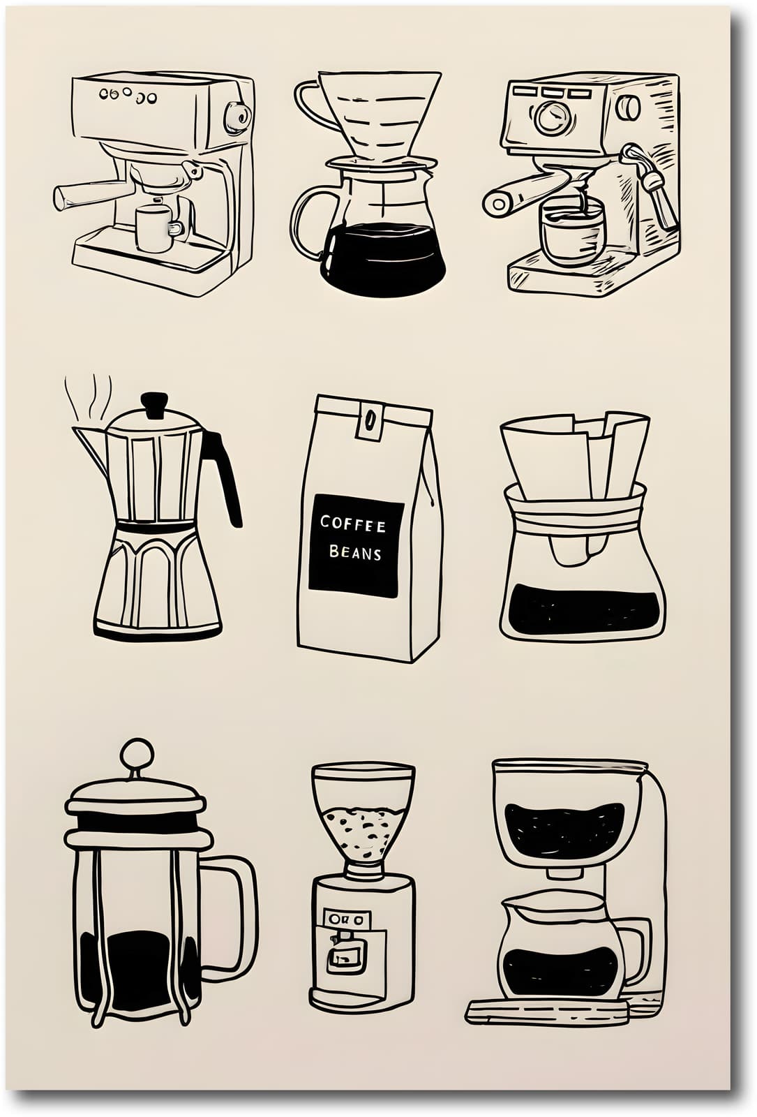 Coffee Poster of Brewing Methods, Minimalist Black and White Wall Art Featuring Espresso product photo 1