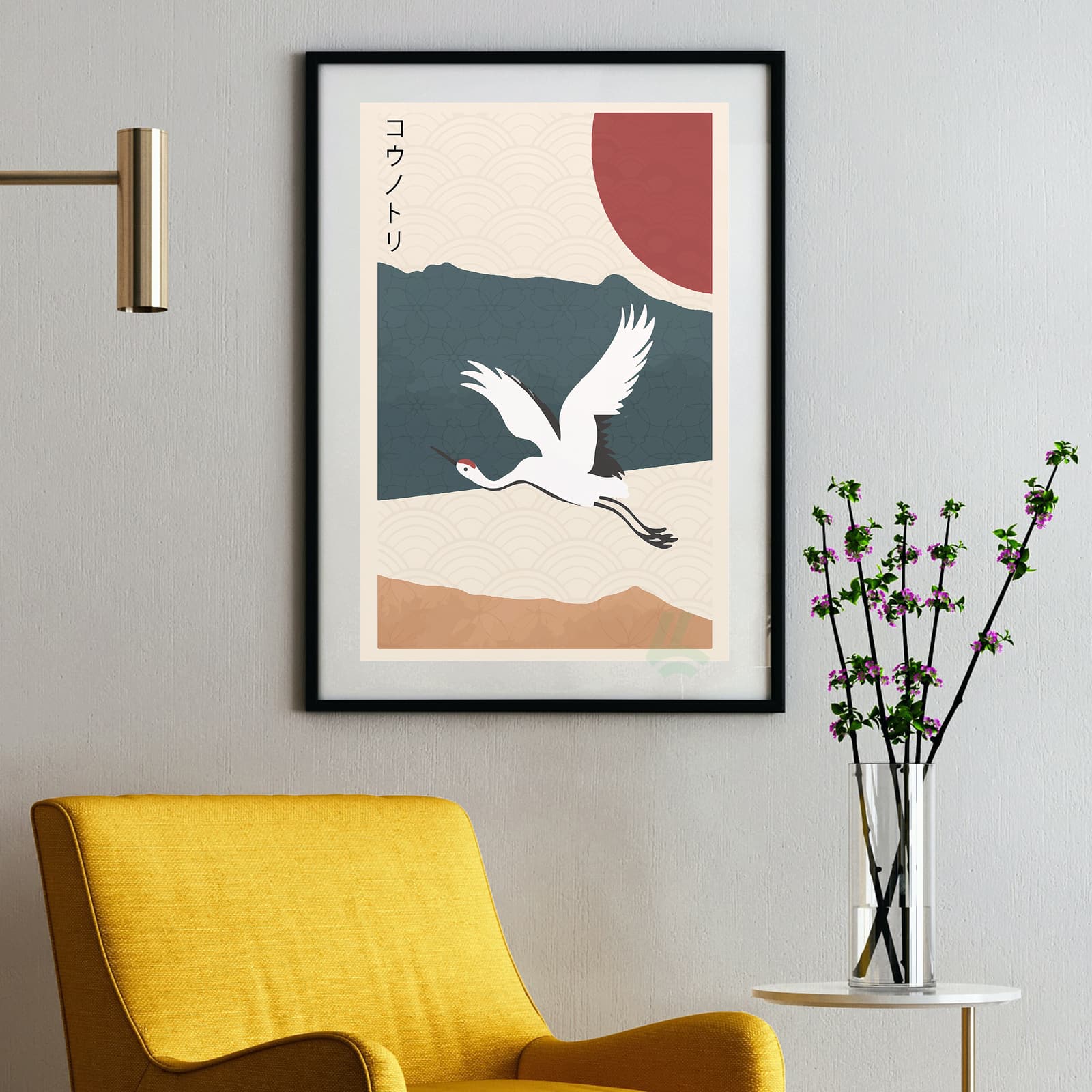 Japanese Crane Poster with Red Sun, Minimal Asian Wall Art product photo 2