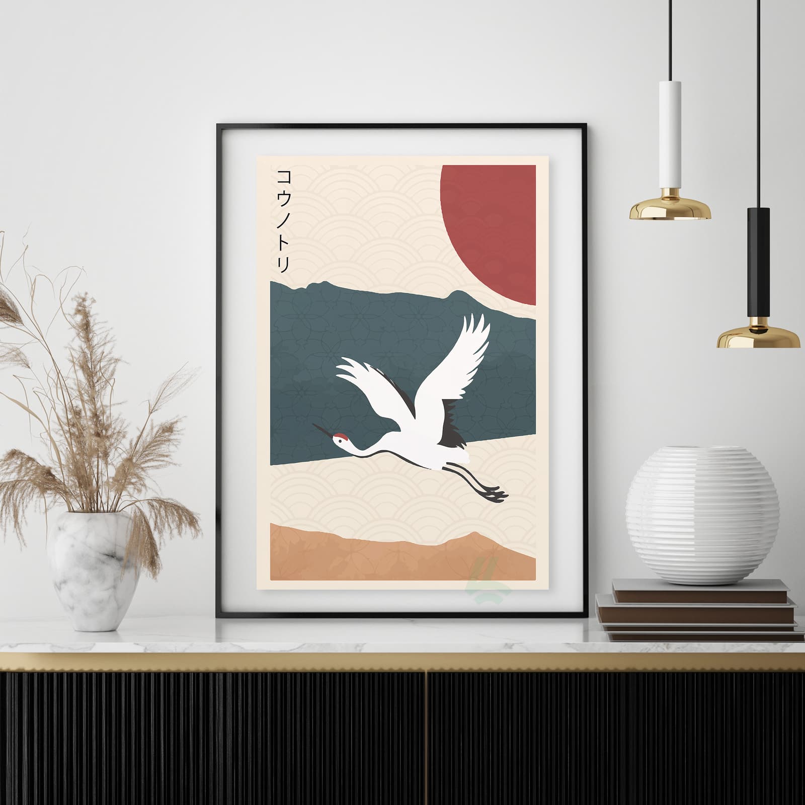 Japanese Crane Poster with Red Sun, Minimal Asian Wall Art product photo 4