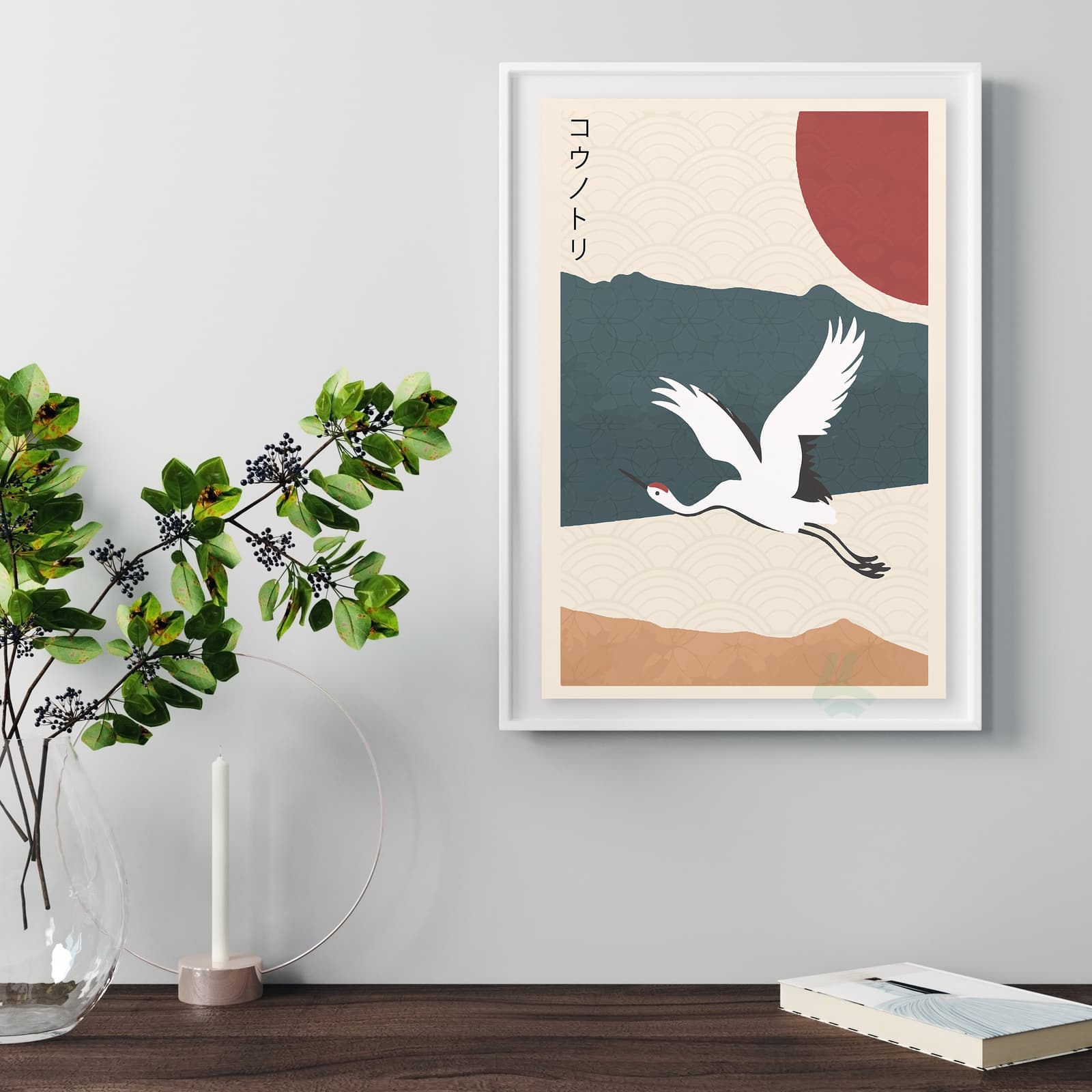 Japanese Crane Poster with Red Sun, Minimal Asian Wall Art product photo 5