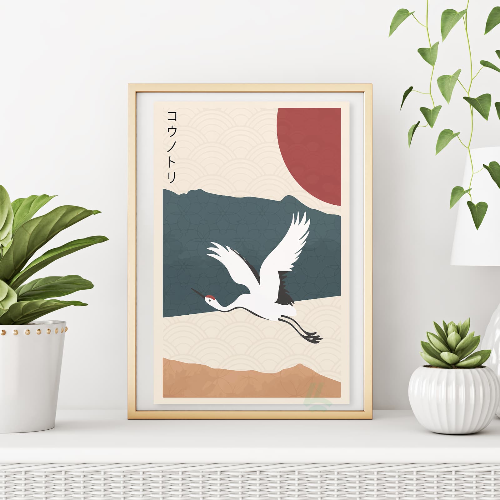 Japanese Crane Poster with Red Sun, Minimal Asian Wall Art product photo 6