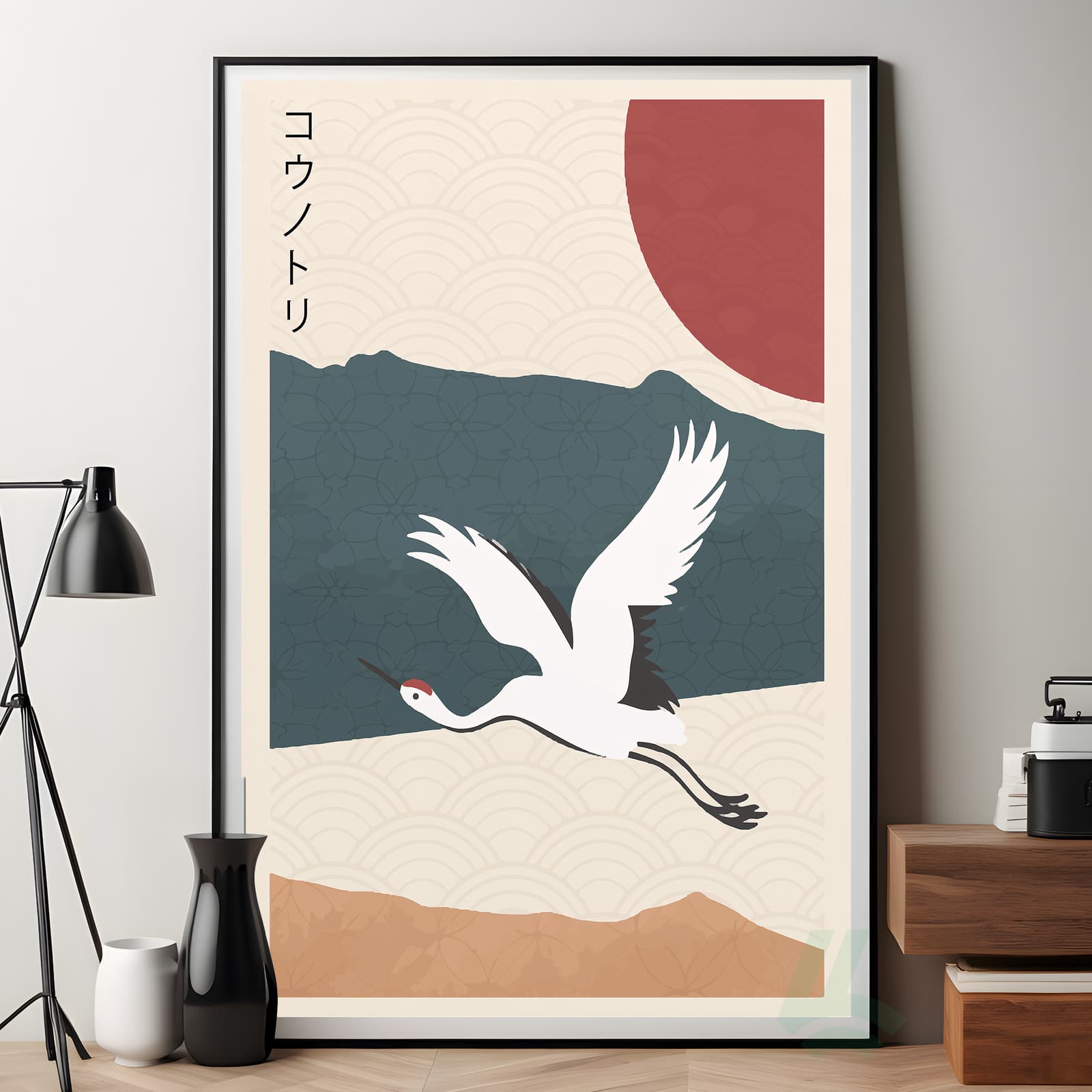 Japanese Crane Poster with Red Sun, Minimal Asian Wall Art product photo 7