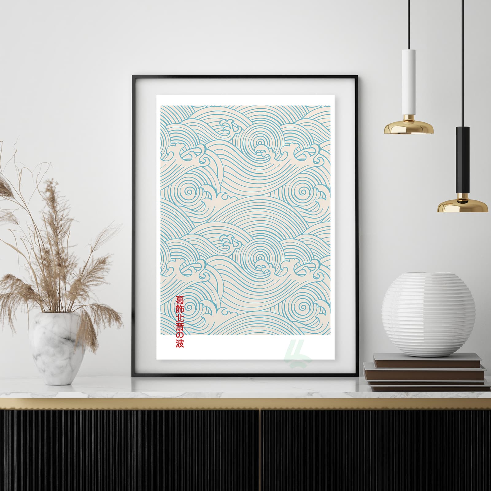 Japanese Wave Poster by Katsushika Hokusai, Minimal Blue Line Ocean Wall Art product photo 4