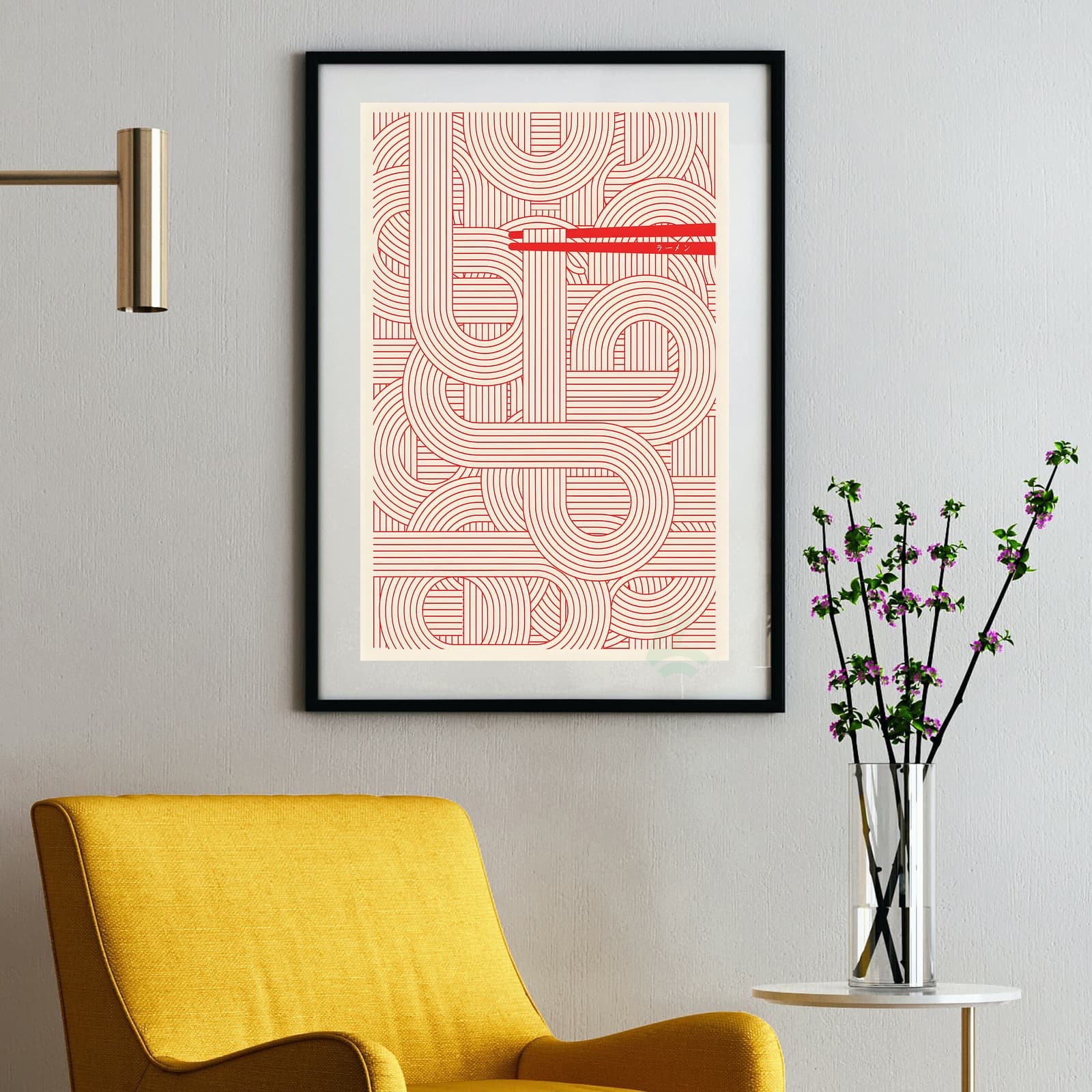 Noodle Ramen Poster with Japanese Chopsticks, Minimalist Red Line Kitchen Wall Art product photo 2