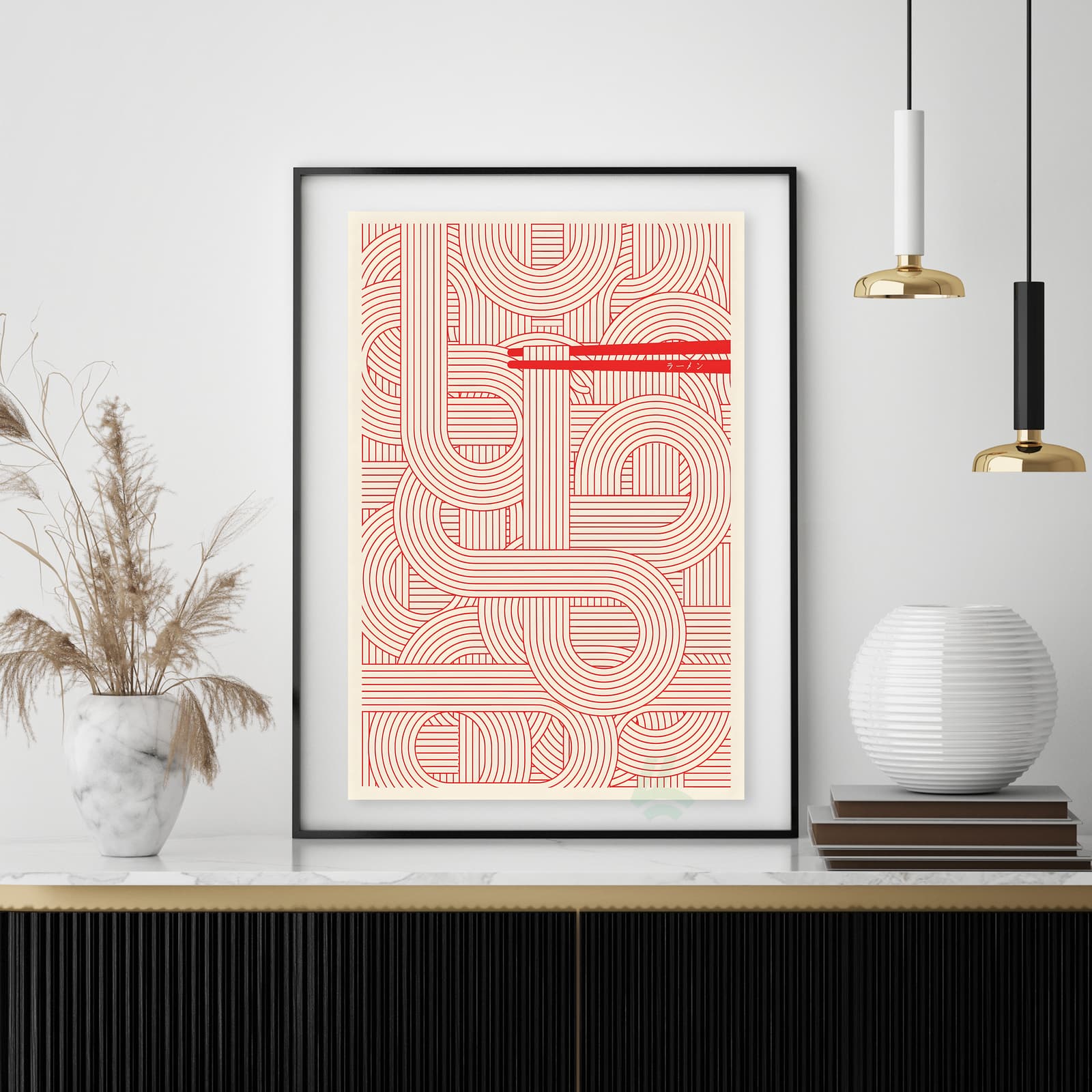 Noodle Ramen Poster with Japanese Chopsticks, Minimalist Red Line Kitchen Wall Art product photo 4