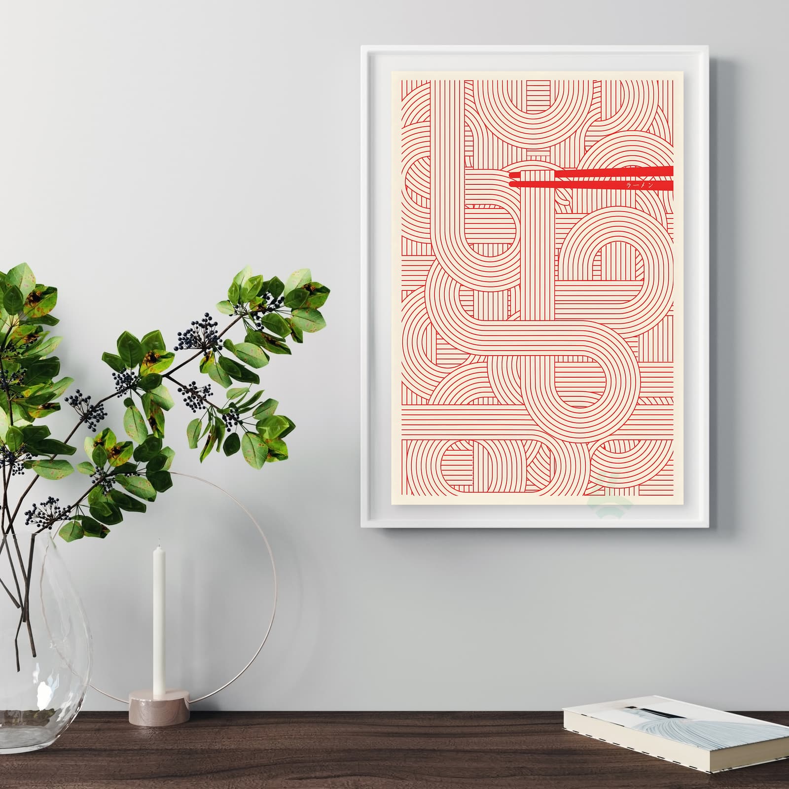 Noodle Ramen Poster with Japanese Chopsticks, Minimalist Red Line Kitchen Wall Art product photo 5