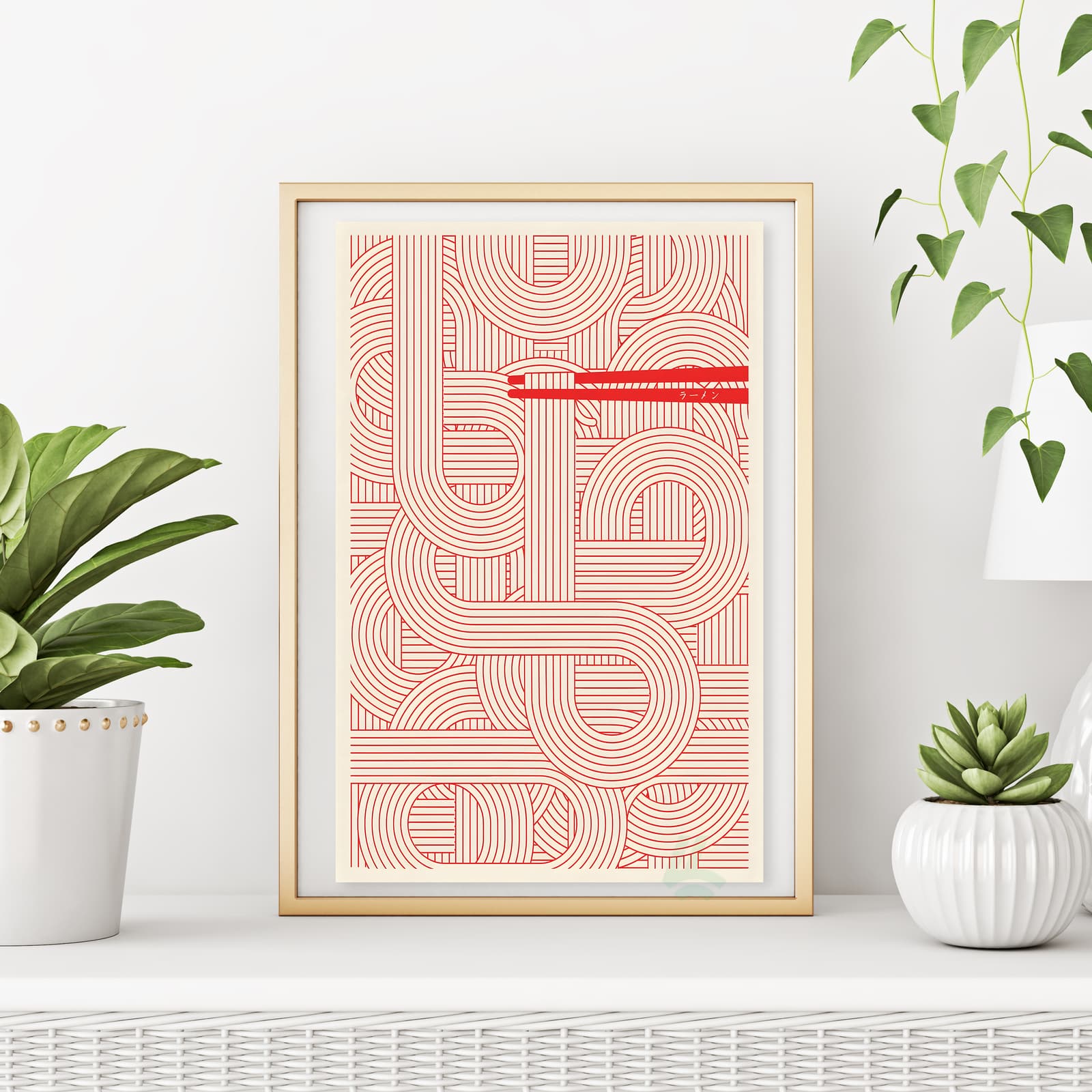Noodle Ramen Poster with Japanese Chopsticks, Minimalist Red Line Kitchen Wall Art product photo 6