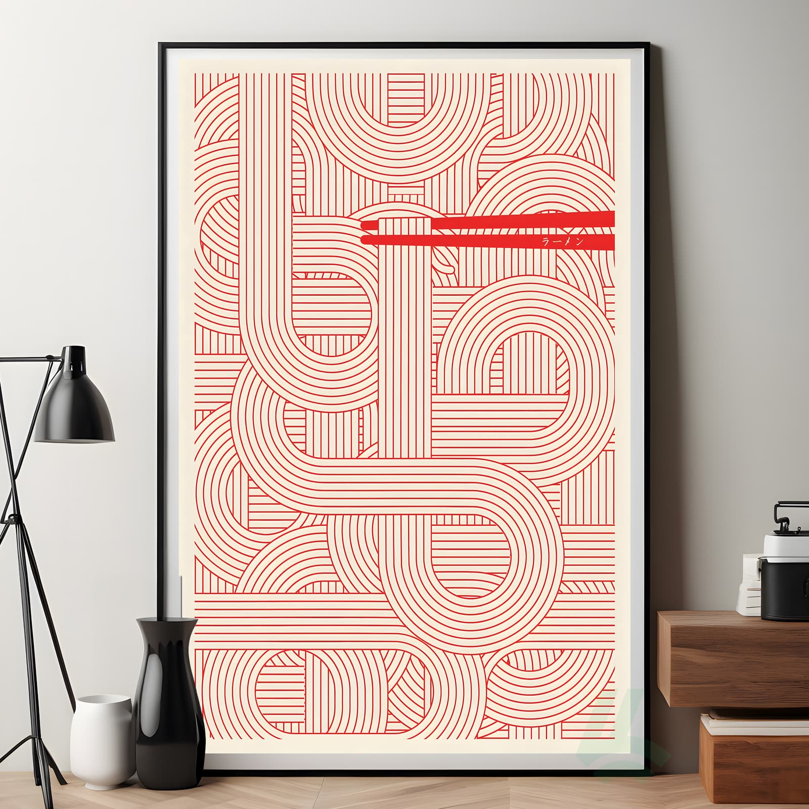 Noodle Ramen Poster with Japanese Chopsticks, Minimalist Red Line Kitchen Wall Art product photo 7