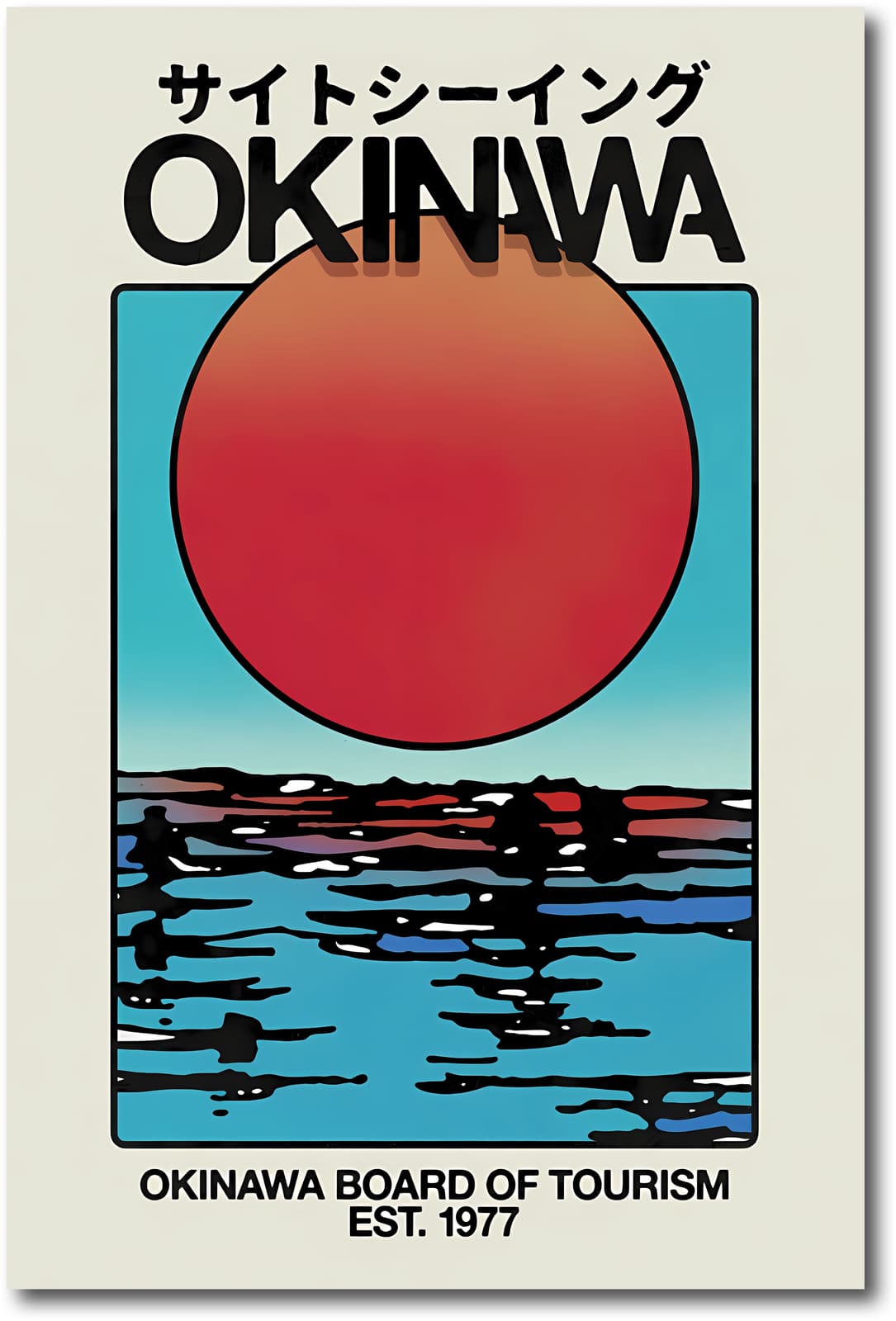 Okinawa Poster Retro Japan Travel Wall Art, Vintage Tourism Print with Sunset Ocean View product photo 1