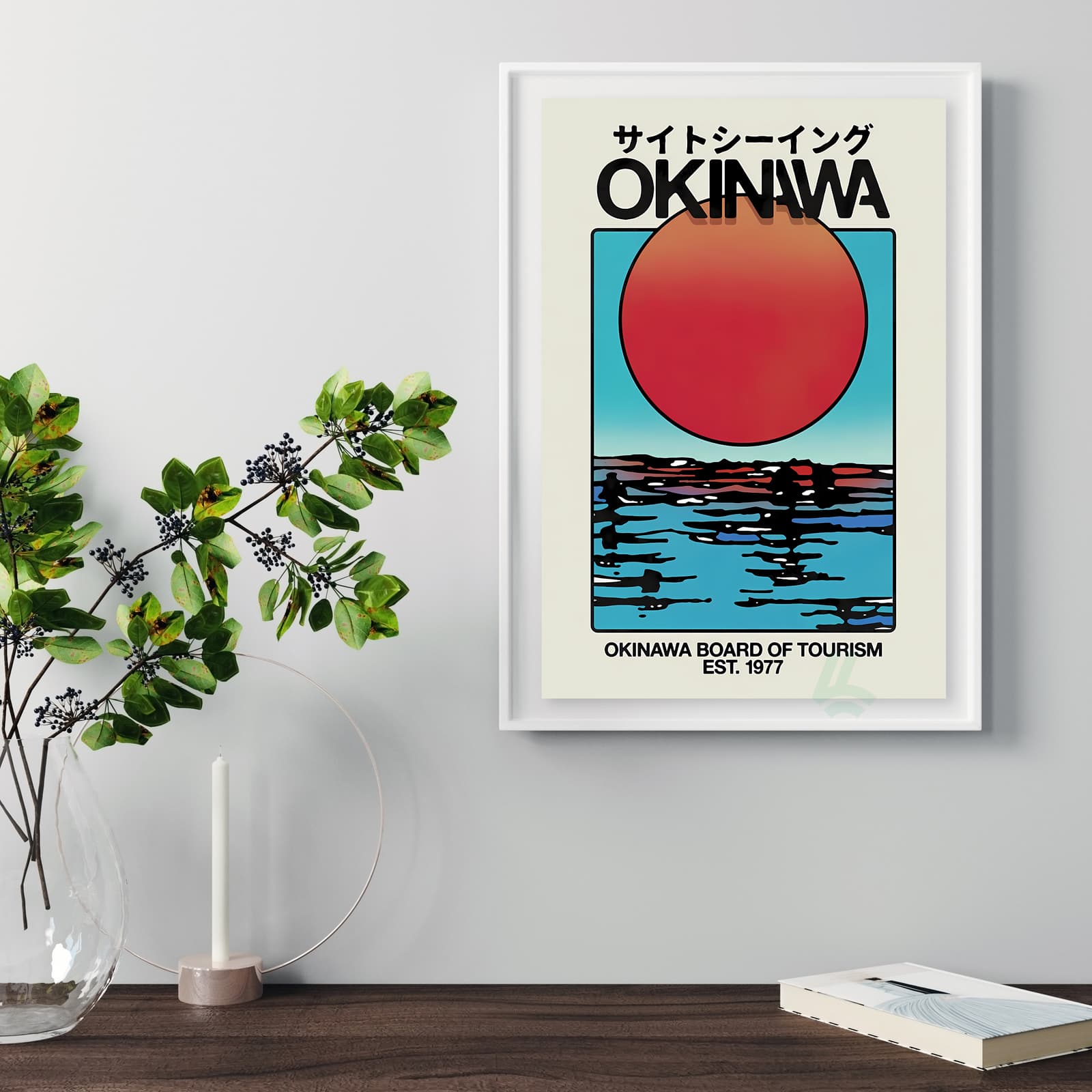 Okinawa Poster Retro Japan Travel Wall Art, Vintage Tourism Print with Sunset Ocean View product photo 5