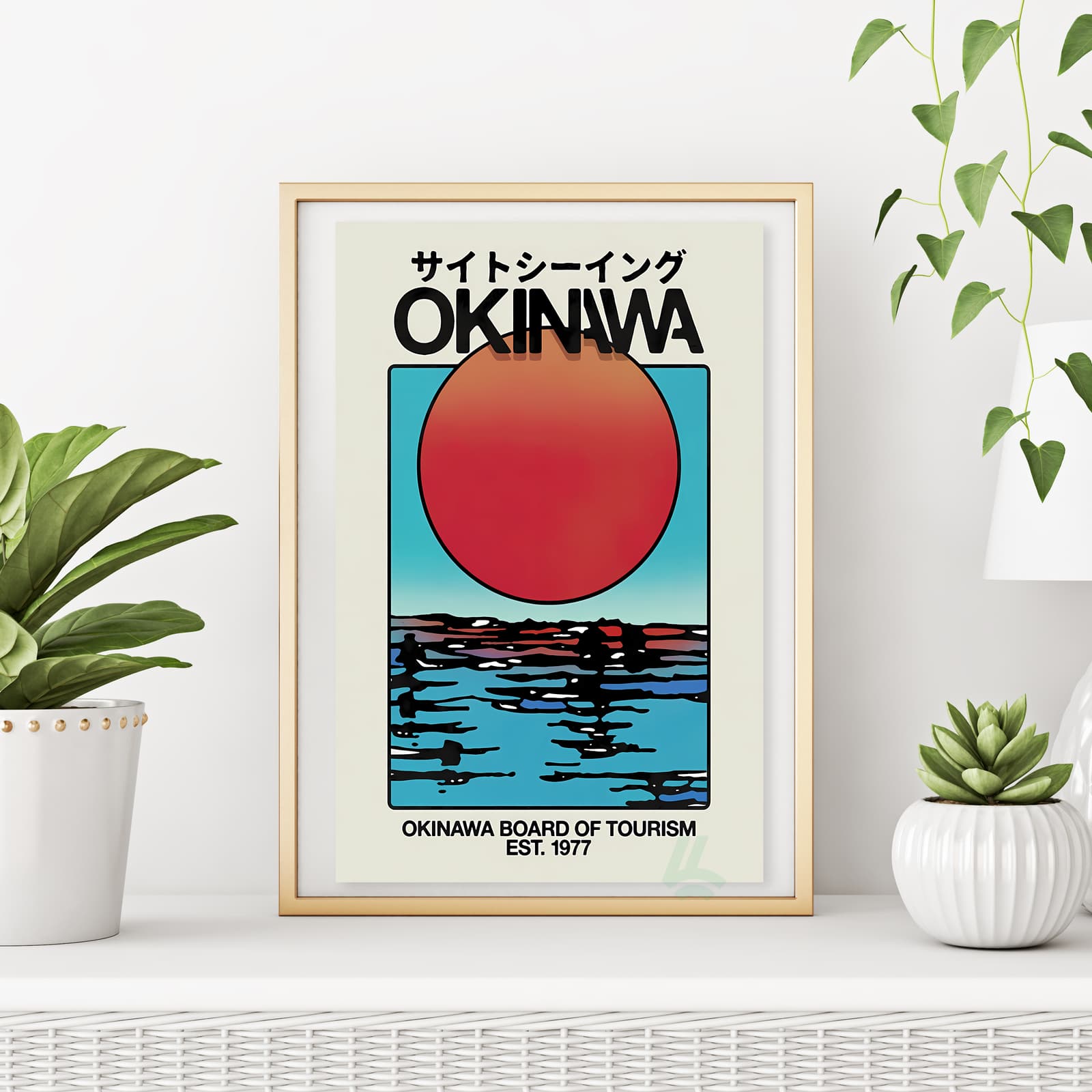 Okinawa Poster Retro Japan Travel Wall Art, Vintage Tourism Print with Sunset Ocean View product photo 6