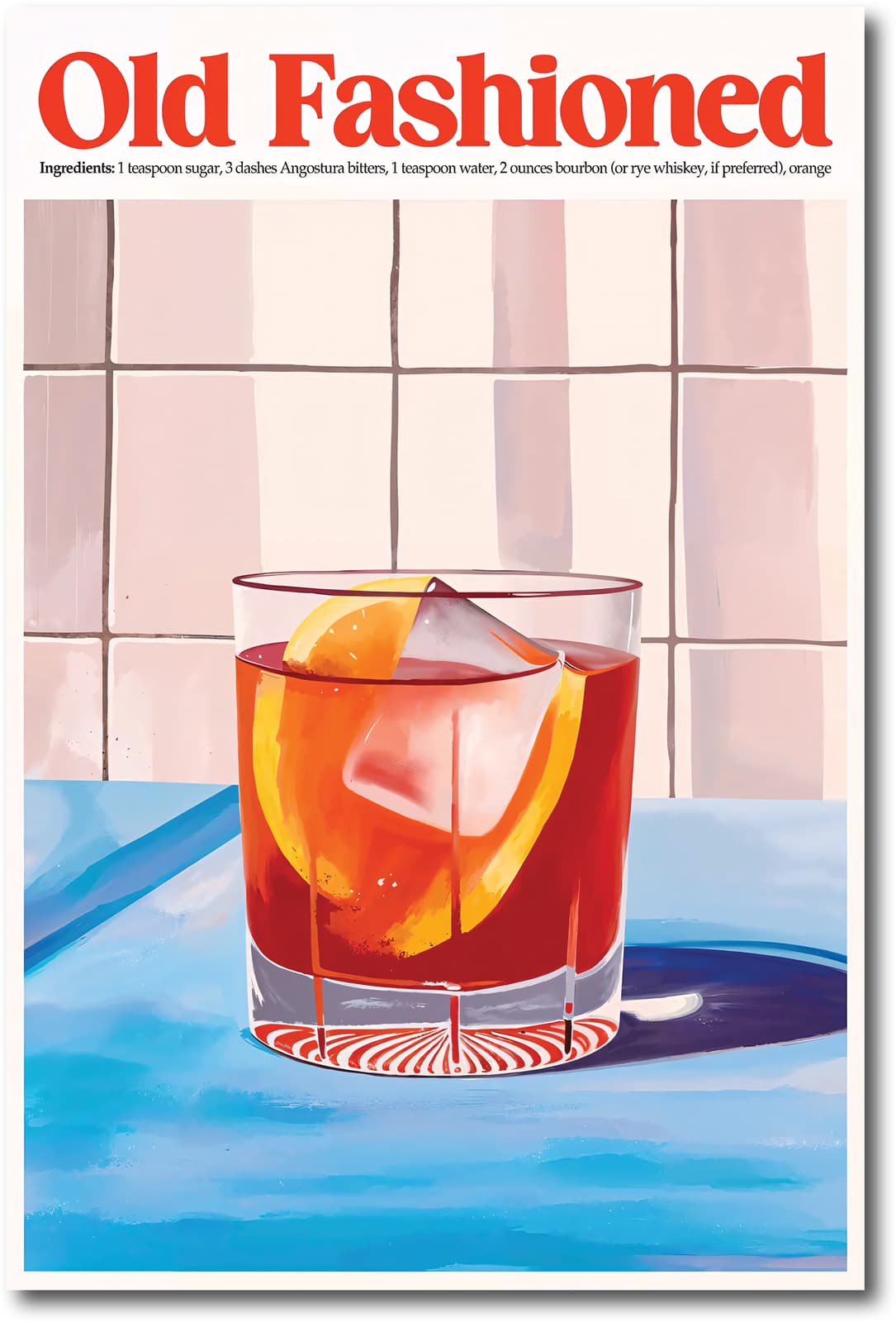 Old Fashioned Poster Drink Recipe Print, Retro Kitchen Wall Art with Orange and Ice product photo 1