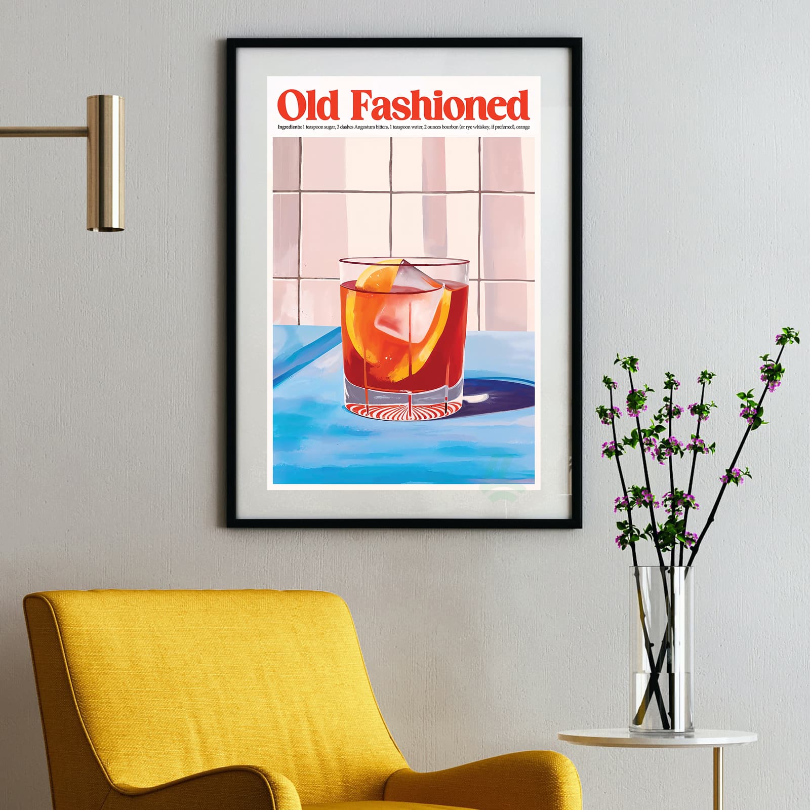 Old Fashioned Poster Drink Recipe Print, Retro Kitchen Wall Art with Orange and Ice product photo 2