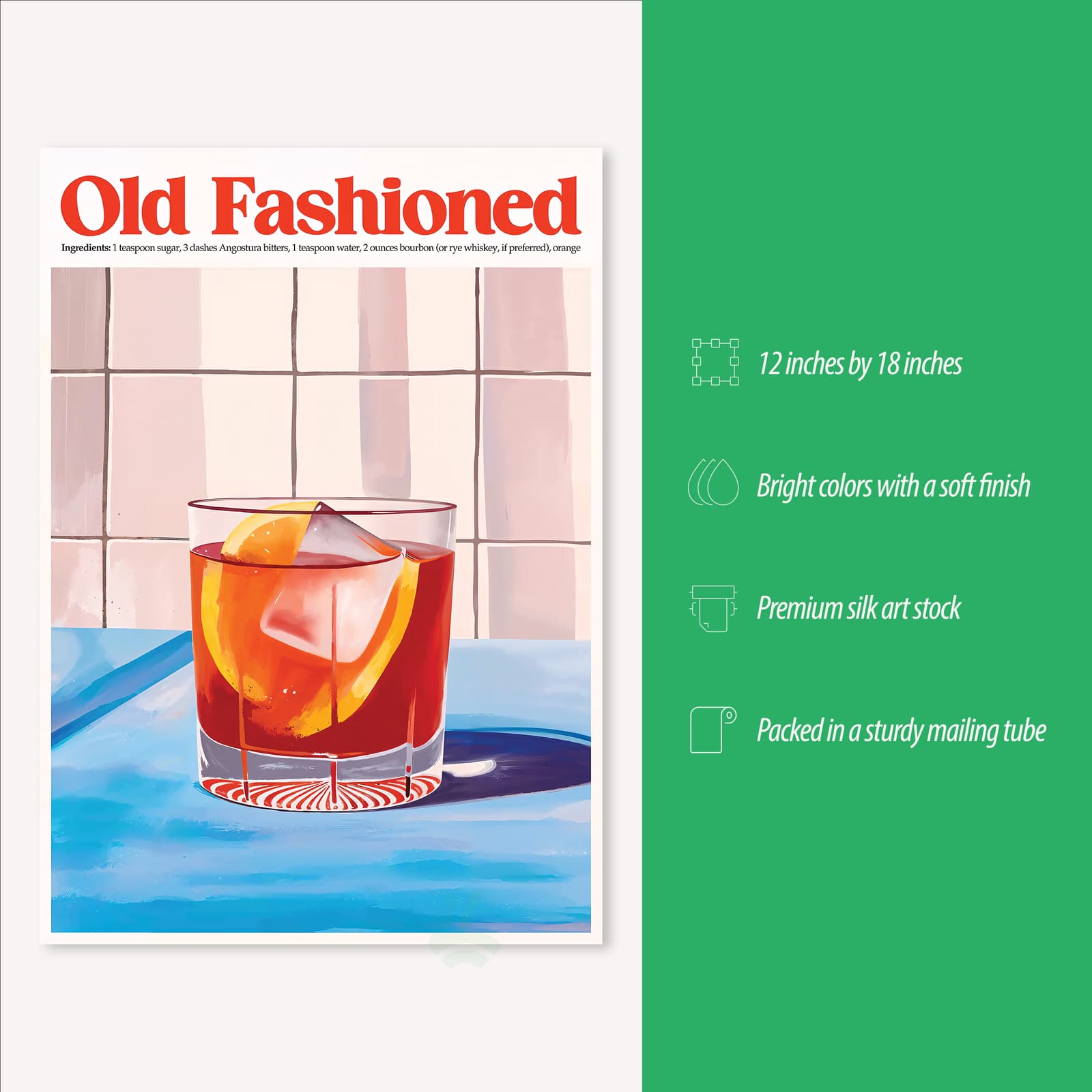 Old Fashioned Poster Drink Recipe Print, Retro Kitchen Wall Art with Orange and Ice product photo 3