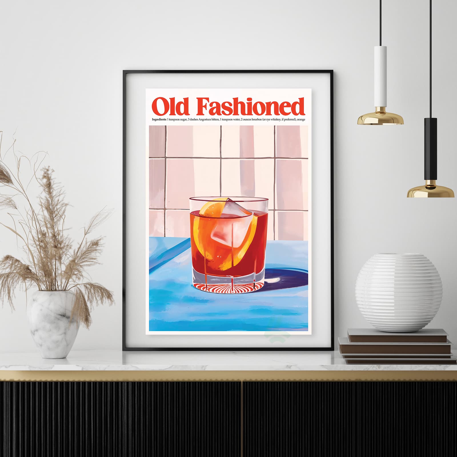 Old Fashioned Poster Drink Recipe Print, Retro Kitchen Wall Art with Orange and Ice product photo 4