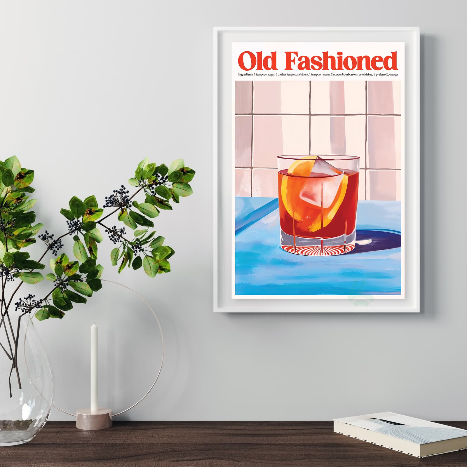 Old Fashioned Poster Drink Recipe Print, Retro Kitchen Wall Art with Orange and Ice product photo 5