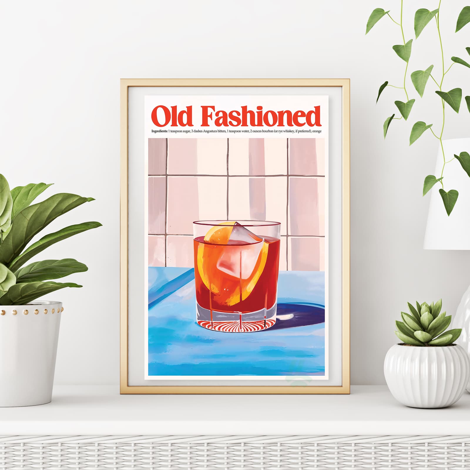 Old Fashioned Poster Drink Recipe Print, Retro Kitchen Wall Art with Orange and Ice product photo 6