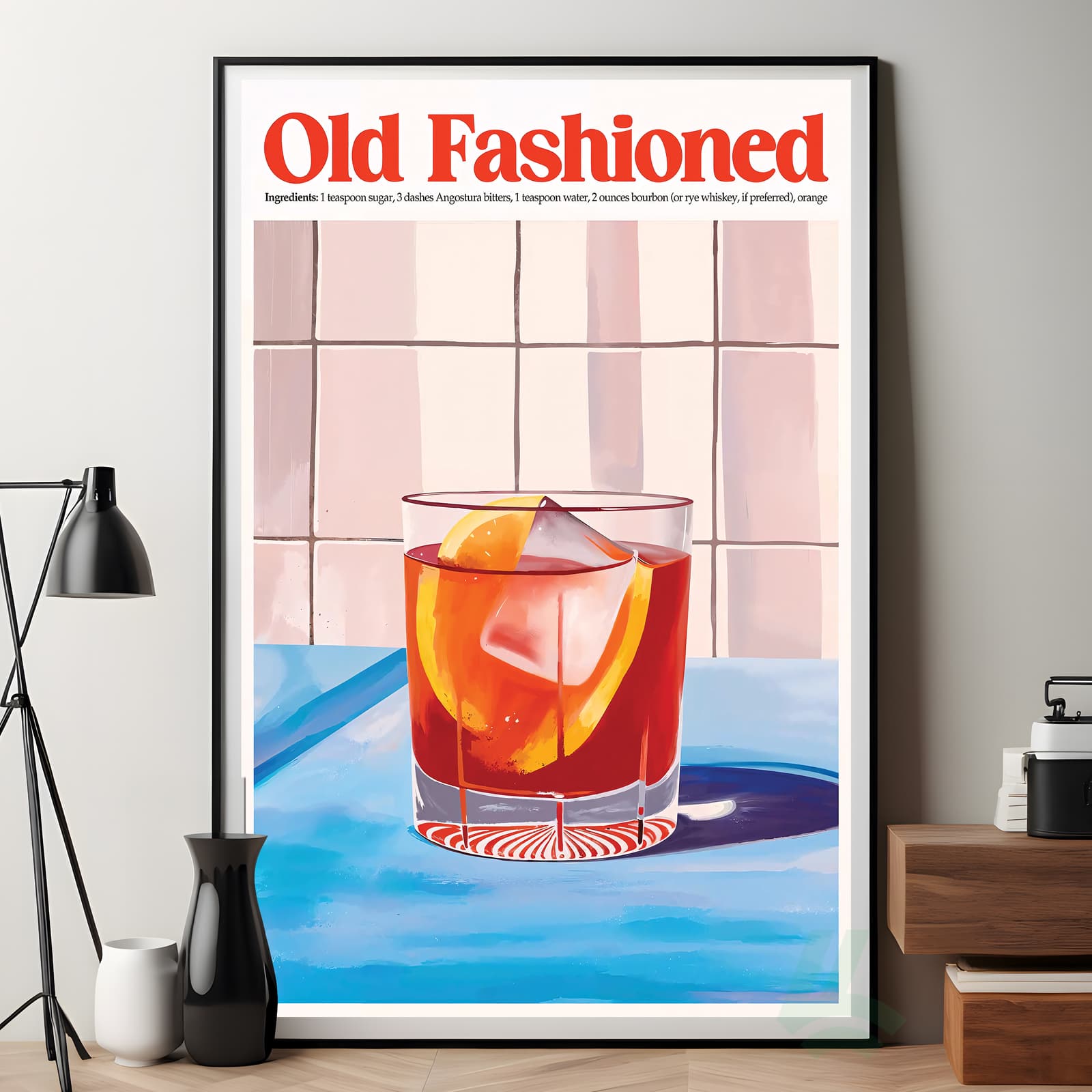 Old Fashioned Poster Drink Recipe Print, Retro Kitchen Wall Art with Orange and Ice product photo 7